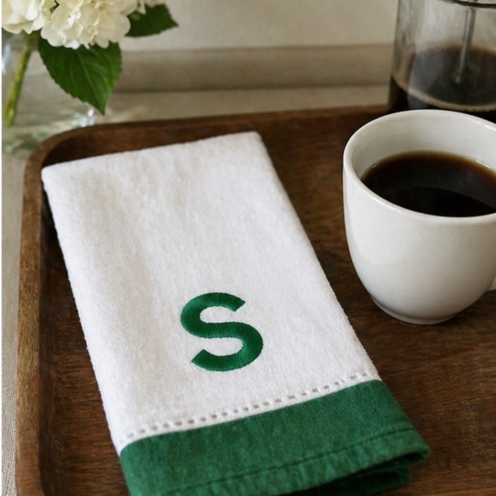Set of 2 White and Green “S” Monogrammed Tea Towels